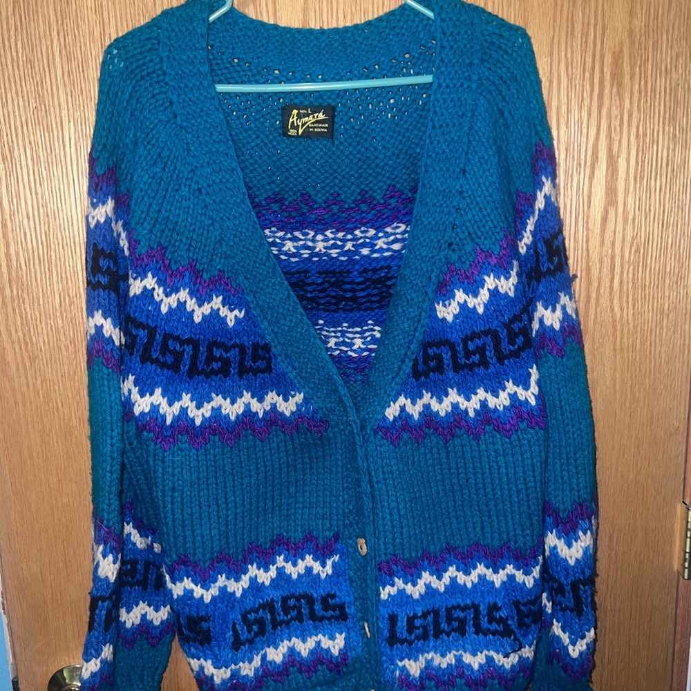Aymara vintage teal and purple wool sweater - Picture 3 of 5